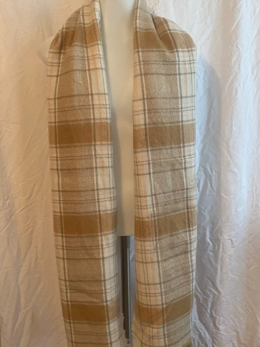 Beige And Tan Plaid Fringe Oversized Scarf Wrap